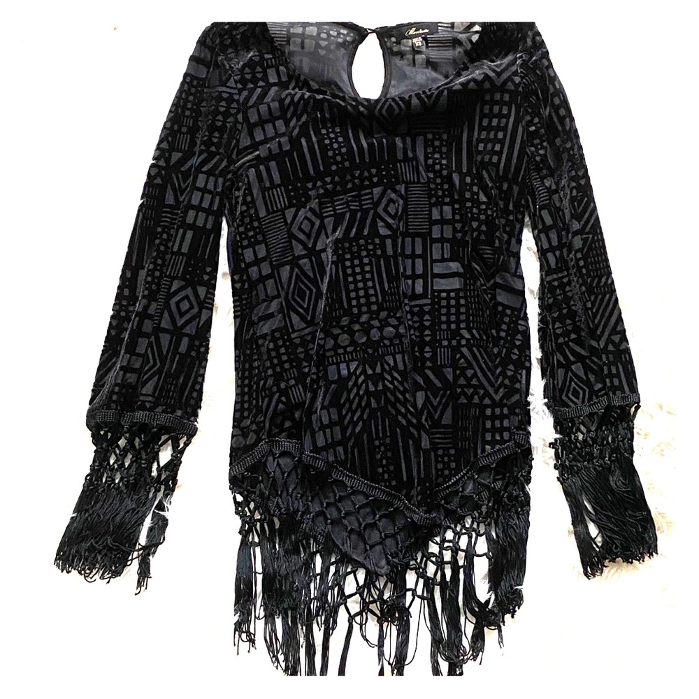 Velvet Burnout Pattern Long Sleeve Fringe Shirt - Witchcore Witchy